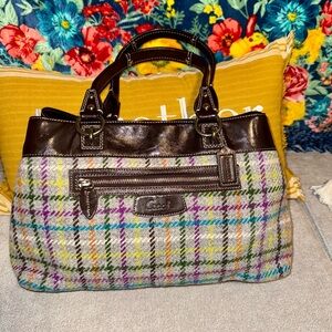 Coach Tweed Plaid Shoulder Bag with Brown Leather Accents & Multicolored Stripes